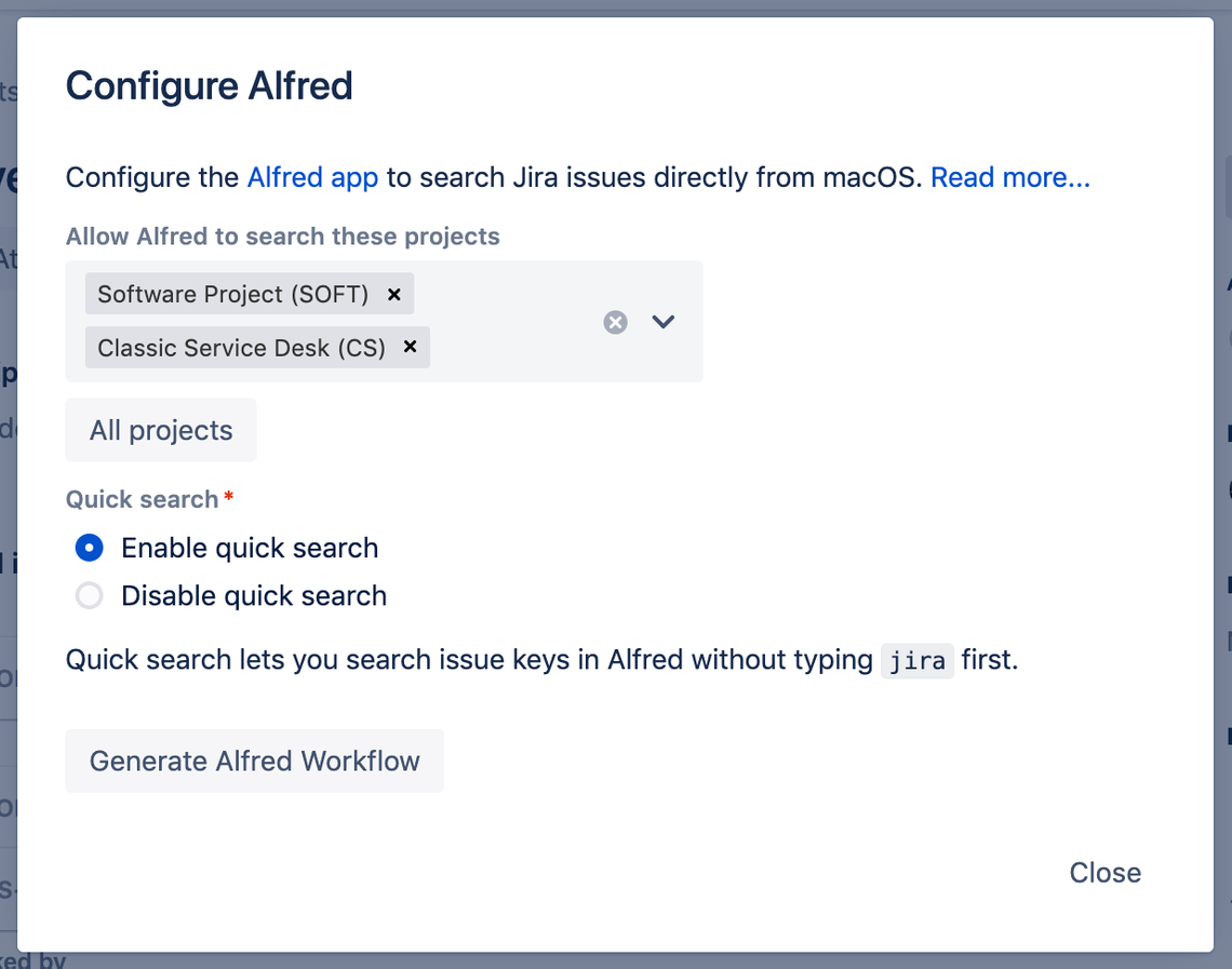 Screenshot of 'Configure Alfred' popup